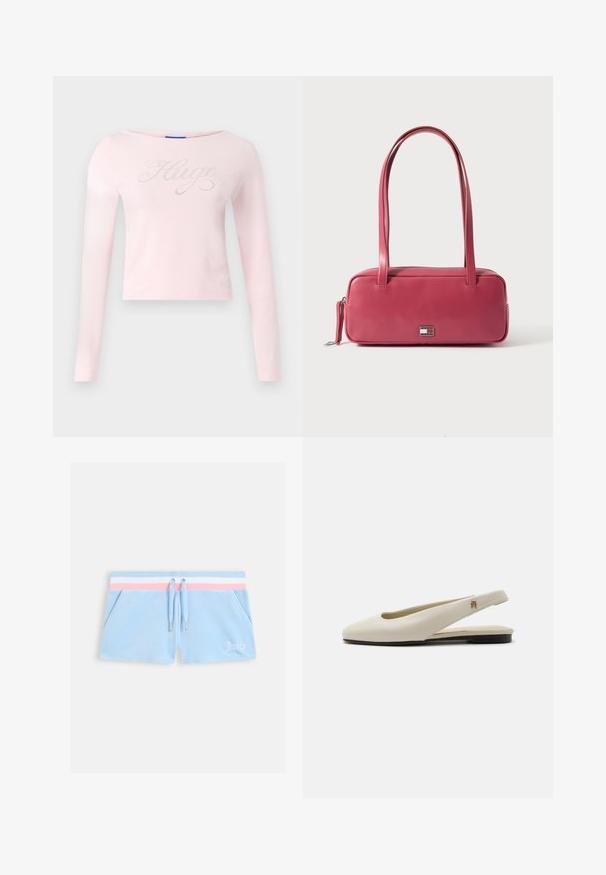 Chemise à manches longues rose clair avec un décolleté bateau, ornée d'un logo "Hugo" en strass scriptés sur la poitrine. Tissu en coton doux.; Shorts en velours bleu clair avec une ceinture à rayures rose et blanche, fermeture à cordon de serrage et poches latérales. Comporte le mot « Juicy » brodé en blanc.; Chaussure plate slingback en cuir couleur crème avec un bout arrondi et un petit emblème doré sur la bride.; Sac à main en cuir rose de forme rectangulaire, avec deux anses et un petit emblème en métal sur le devant, présentant une texture lisse et brillante.
