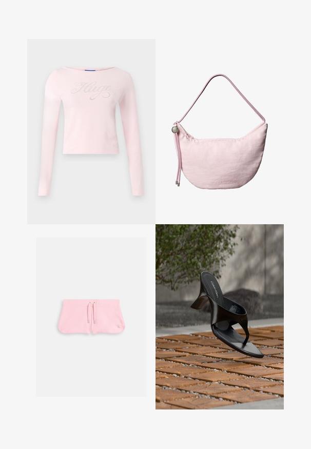 Lichtroze shirt met lange mouwen en een boothals, voorzien van een "Hugo"-logo in strasssteentjes op de borst. Zachte katoenen stof.; Roze shorts van zachte stof, met een koord met zilverkleurige tips en een klein geborduurd logo in de rechterbenedenhoek.; Zwarte Calvin Klein hoge hak teenslipper die zweeft boven een betegeld buitenterrein met groen en een betonnen muur op de achtergrond.; Zachtroze, sikkelvormige schoudertas met verstelbare koordriem, metalen stopper en een subtiel geperst "cK"-logo in het midden aan de voorkant.