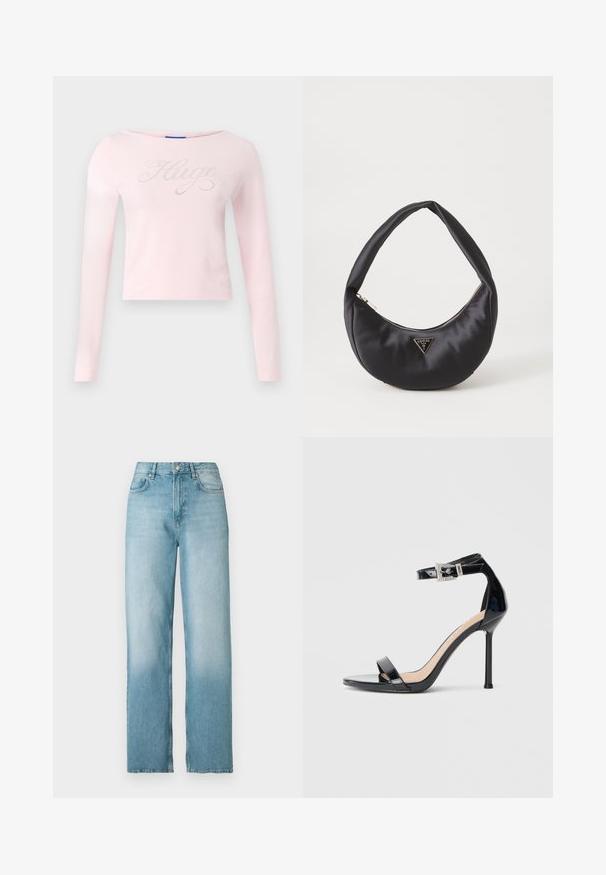 Lyserød langærmet skjorte med bådudskæring, prydet med et ‘Hugo’ logo skrevet i rhinsten på tværs af brystet. Blødt bomuldsstof.; Lyseblå høj talje straight-leg denimjeans med frontknap og lynlås, for- og baglommer, vist på hvid baggrund.; Sort højhælet sandal i laklæder med ankelrem. Har minimalistisk design, åben tå og spænde med rhinsten-detaljer.; Sort satin håndtaske med en buet form, der har en lynlåslukning og et trekantet logo i metal på forsiden. Glat tekstur og slankt design.