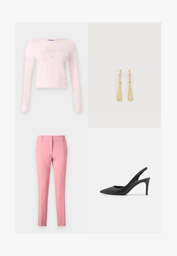 Camiseta rosa claro de manga larga con escote barco, con el logo "Hugo" en escritura cursiva adornado con pedrería en el pecho. Tejido suave de algodón.; Pantalones rosa a medida con una textura suave, piernas rectas y un detalle de cremallera en el dobladillo. Presentan presillas para cinturón y un diseño frontales plano.; Zapatos de tacón alto de cuero negro con diseño de punta afilada, que presentan un corte en la parte delantera y un delgado tacón de aguja.; Pendientes colgantes en tono dorado con colgantes alargados y suaves en forma de lágrima, colgando de cierres de aros pequeños sobre un fondo blanco.