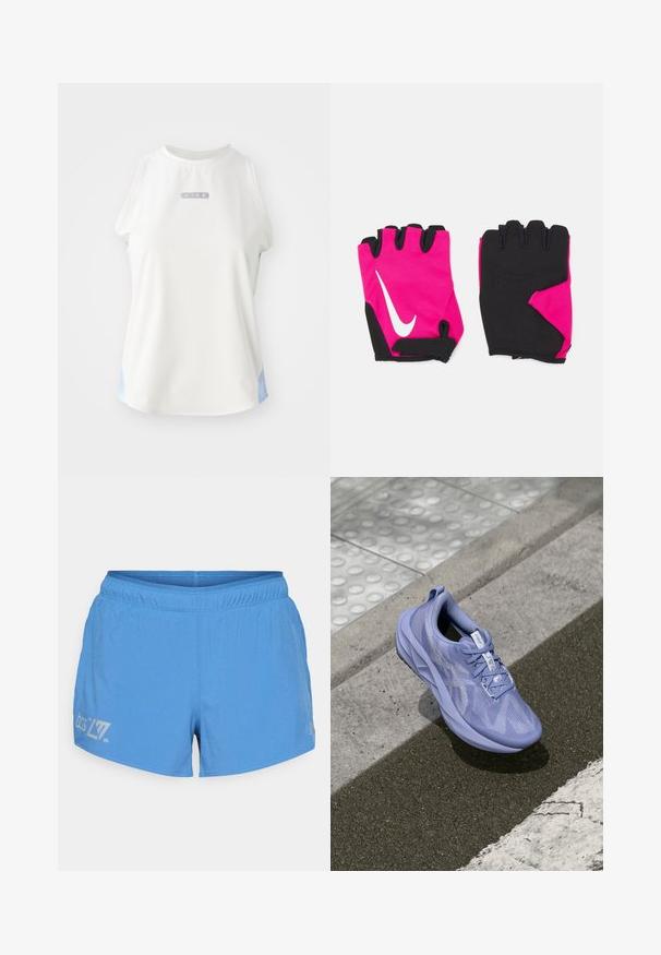 Valge ilma varrukateta Nike särk ümmarguse kaelusega, millel on hõbedane logo ja helesinised aktsendid külgedel. Sile, sportlik kangastekstuuri.; Heledad sinine jooksutrikoo, millel on perforeeritud tekstuur, elastne vöökoht ja trükitud logo ning detailid vasakul reiel.; Hele lilla sportsjalanõud tekstureeritud pealmise osaga, seotud nööridega ja pehme tallaga, asetsemas betoonpinnal ülekäiguraja lähedal.; Lühikesed roosa värvi kindad mustade aktsentidega, valge Nike logo, polsterdatud peopesad ja sõrmevaba disain, mis tagab parema haarde ja paindlikkuse.