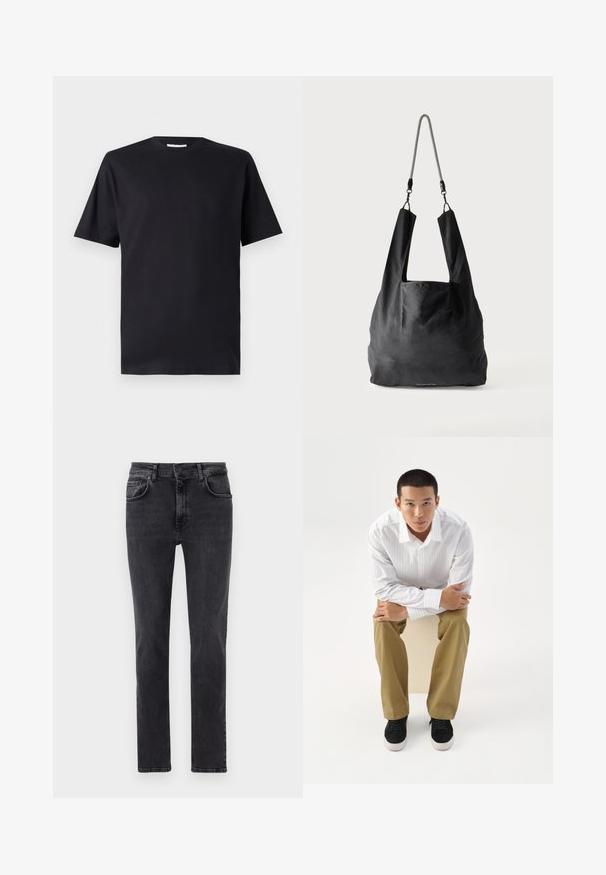 Mustmust riietega must T-särk, lühikeste varrukatega, valmistatud puuvillast, klassikalise lõikega, ümarate kraega, ilma mustrite või nähtava brändita.; Mustad tume denim jalad, mis omavad sirge lõike disaini, viit taskut ja peent pleekimist. Valmistatud pehmest ja paindlikust puuvillakangast.; Noor mees valge triibulise särgi ja khaki pükstega istub taburetil ettepoole kallutatud, käed rüpes, otsa sirgelt valgel taustal vaatamas.; Mustast pehmest kangast käekott laia käepidemega ja õhuke must-valge palmikuga õlarihmaga.