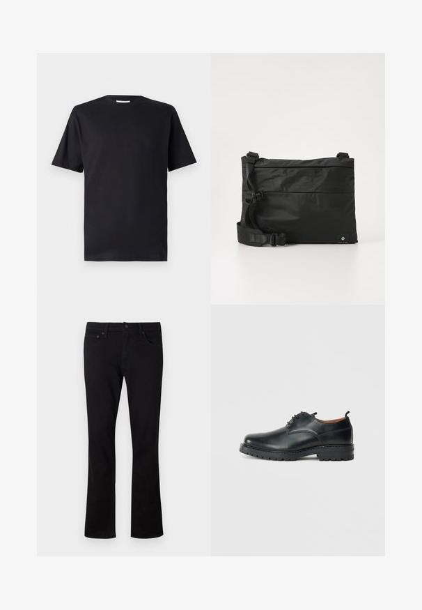 Musta lyhythihainen t-paita, joka on valmistettu puuvillasta, jossa on pyöreä pääntie ja klassinen leikkaus, ilman kuvioita tai näkyvää brändäystä.; Mustat denim-farkut suoralla lahkeella, viiden taskun tyyli ja hillityt ompeluyksityiskohdat. Materiaali on pehmeää ja mattapintaista.; Musta nahkasaappaat derby-tyylillä, sileällä pinnalla, pyöreällä varvalla, nauhakiristysmuotoilulla ja paksulla, kestävällä kumipohjalla.; Musta nailoninen olkalaukku säädettävällä remmillä, tasainen muotoilu ja sivulla logoa esittävä etiketti. Sileä pinta ja minimalistinen tyyli.