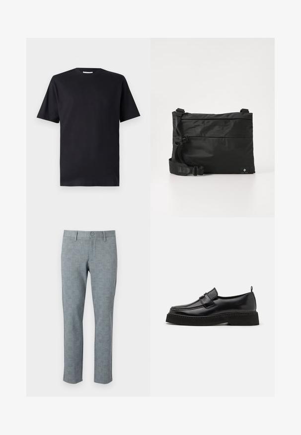 T-shirt noir à manches courtes en coton, avec un col rond et une coupe classique, sans motifs ni logos visibles.; Pantalon gris texturé avec un motif à carreaux subtil. Doté d'une fermeture à bouton et d'une coupe droite, fabriqué en tissu léger.; Chaussures en cuir noir de style mocassin avec une semelle plate et texturée, présentant un bout piqué et une sangle traversant le cou-de-pied.; Sac messager en nylon noir avec une sangle réglable, un design plat et une étiquette latérale arborant un logo. Texture lisse et style minimaliste.