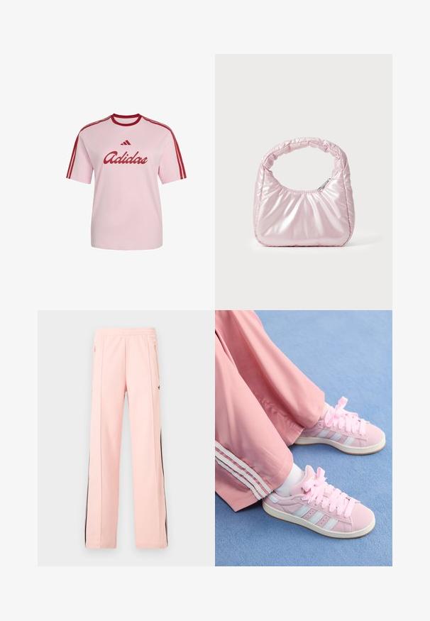Camiseta Adidas de color rosa claro con cuello rojo, tres rayas rojas en las mangas y logo y texto de Adidas en rojo en el frente.; Pantalones deportivos de color rosa claro con franjas laterales negras, bolsillos con cremallera y cintura elástica, presentados sobre un fondo blanco liso.; Zapatillas deportivas rosas con rayas azul claro, puntera redonda y cordones gruesos rosas, combinadas con pantalones de chándal rosas que tienen rayas laterales blancas.; Bolso de mano acolchado en color rosa con un diseño redondeado, fabricado en material brillante. Presenta un asa fruncida y un cierre de cremallera para un acceso seguro.