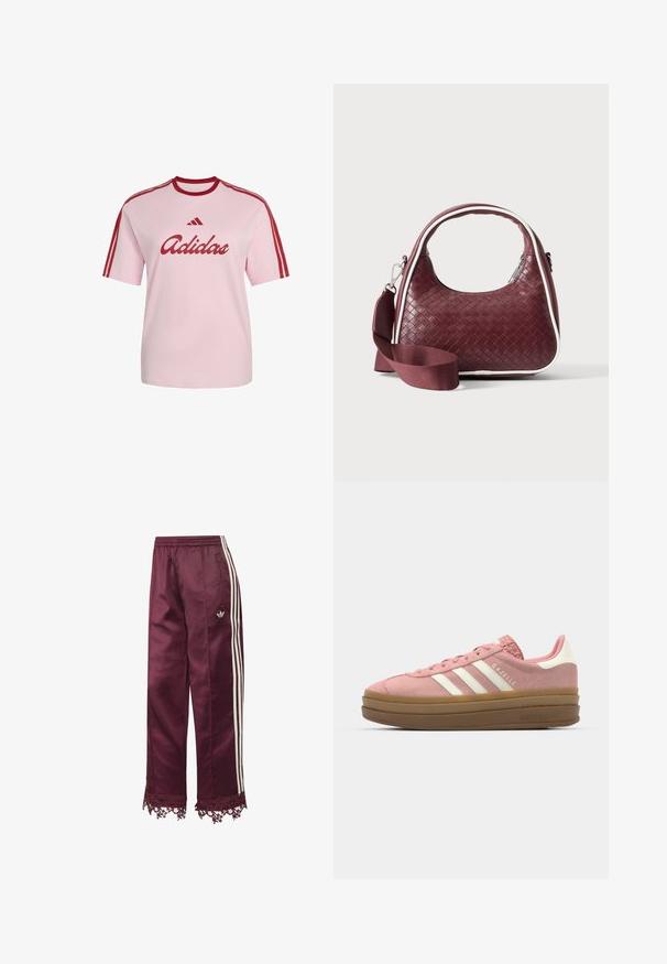 Lyserød Adidas T-shirt med rød krave, tre røde striber på ærmerne og rødt Adidas-logo og skrift foran.; Bordeaux satin træningsbukser med hvide sidelommer, elastisk talje, lynlåslommer og blondekant ved kanten.; adidas Originals GAZELLE BOLD - Sneakers - mauve/off white; Mørkerød vævet lædertaske med buet hank, hvid kant, sølv lynlås og aftagelig bred stofskulderrem mod en ensfarvet baggrund.