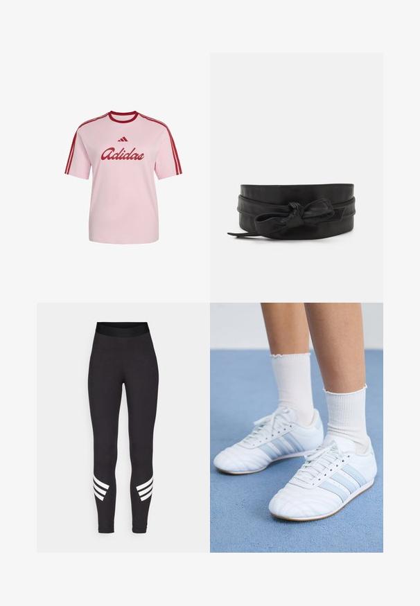 T-shirt Adidas rose clair avec col rouge, trois bandes rouges sur les manches et logo Adidas rouge avec inscription sur le devant.; Leggings noirs en tissu extensible, dotés d'une large taille élastique et de trois rayures blanches horizontales près des bas des jambes.; Baskets en cuir blanc avec des rayures bleu clair, bout texturé, et chaussettes blanches mi-mollet. Présentées sur une surface de tapis bleu.; Ceinture en cuir noir avec une texture lisse, design à bande large, mettant en avant un accent noué à l'avant et une forme simple et épurée.