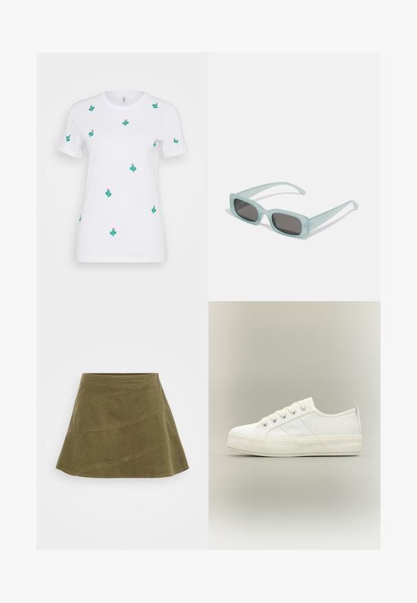 Witte katoenen t-shirt met talrijke groene cactussen met borduursels van roze bloemen. Korte mouwen en een ronde hals.; Olijfgroene corduroy rok, A-lijn vorm, textiel met textuur, heeft een gladde tailleband en naaddetails.; Witte lage sneaker met dikke geribde zool, veters aan de voorkant en trek-lus aan de hiel tegen een neutrale achtergrond.; Een paar rechthoekige zonnebrillen met lichtblauwe doorzichtige monturen en donkergrijze glazen, met rechte pootjes en minimale hardwaredetails.