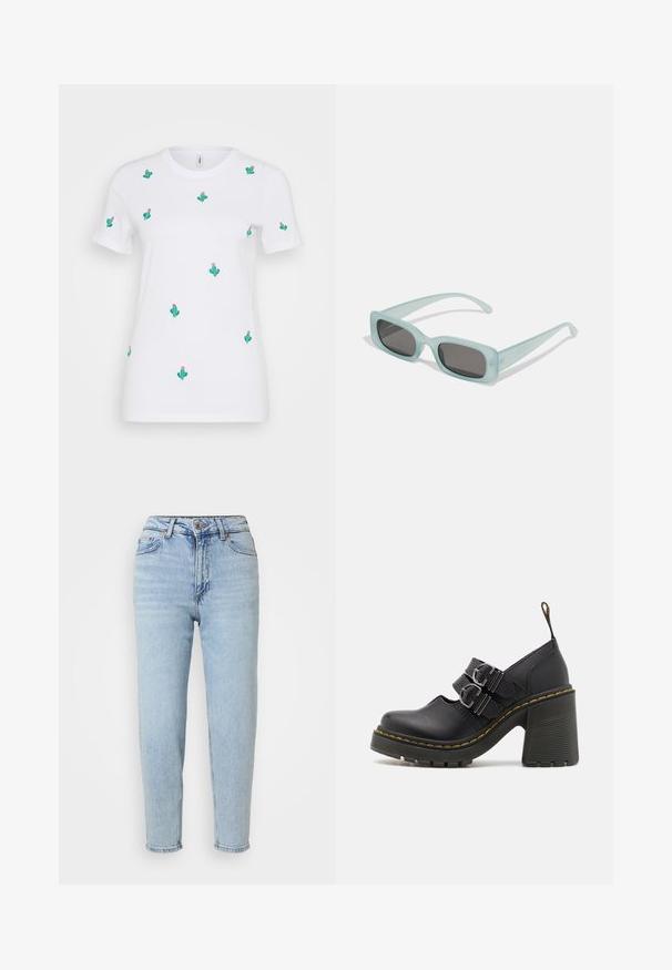 Witte katoenen t-shirt met talrijke groene cactussen met borduursels van roze bloemen. Korte mouwen en een ronde hals.; Lichtblauwe denim jeans met een hoge taille, recht gesneden pijpen, enkele knoopsluiting en subtiele wassingdetails aan de voorkant.; Zwarte hoge hakken met een gestructureerde zool, voorzien van twee zilveren gespen, gele stiksels en een lus aan de achterkant voor gemakkelijk aan- en uittrekken.; Een paar rechthoekige zonnebrillen met lichtblauwe doorzichtige monturen en donkergrijze glazen, met rechte pootjes en minimale hardwaredetails.