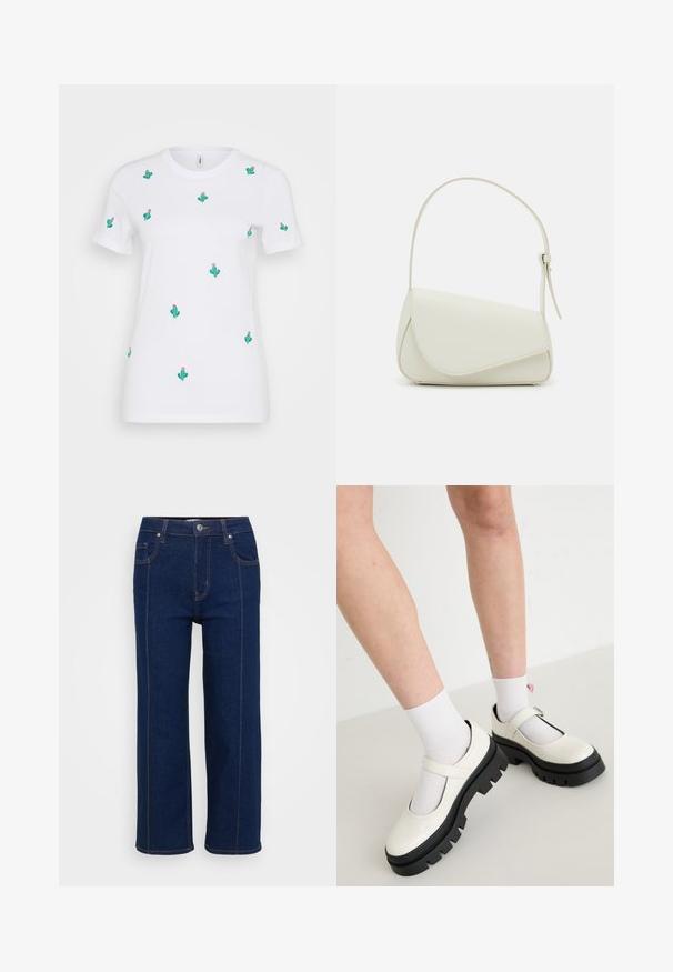Witte katoenen t-shirt met talrijke groene cactussen met borduursels van roze bloemen. Korte mouwen en een ronde hals.; Donkerblauwe rechte jeans met knoopsluiting, voor- en achterzakken, en zichtbare oranje stiksels langs de naden.; Witte patenten leren Mary Jane schoenen met een stevige zwarte zool, met een band over de wreef en gedragen met witte sokken.; Witte nepleren handtas met een gestructureerde driehoekige vorm, een enkele verstelbare schouderriem en een klep met ronde accenten.