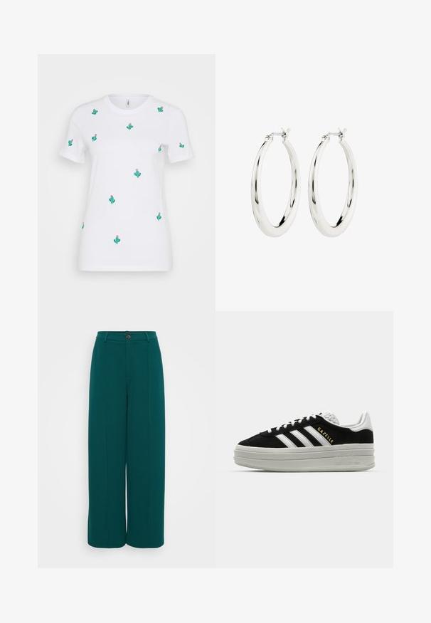 Weißes Baumwoll-T-Shirt mit zahlreichen grünen Kaktus-Stickereien und pinken Blumen. Kurze Ärmel und runder Halsausschnitt.; Even&Odd Petite Stoffhose - dark green; Schwarze Wildleder-Sneaker mit weißen Lederakzenten, drei weißen Streifen, flachen Schnürsenkeln und einer dicken grauen Plateausohle. Goldenes "Gazelle"-Branding.; Silberne Creolen mit einer glatten, glänzenden Oberfläche. Kreisform, ausgestattet mit einem sicheren Verschluss. Einfaches und elegantes Design.