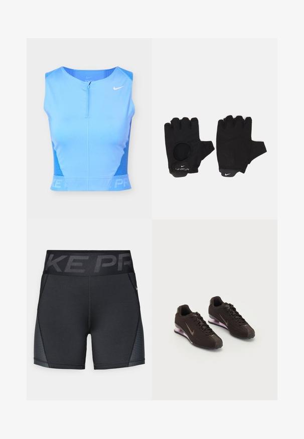Lyseblå ærmeløs atletisk crop top med frontlynlås, perforerede sidepaneler og hvid Nike swoosh-logo på højre bryst.; Sorte atletiske shorts lavet af strækbart stof, med en bred talje med "NIKE PRO" logo og subtile strukturerede detaljer langs siderne.; Sorte atletiksko med en tekstureret overdel, brune detaljer og en lilla luftfyldt sål. Snørebåndsdesign med fremtrædende branding.; Sorte fingerløse handsker med et tekstureret design. Lavet af et åndbart materiale, med en tommelfingeråbning og forstærket håndflade for bedre greb.