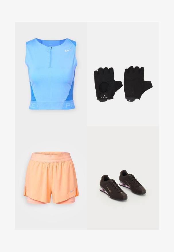 Lichtblauw mouwloos sport crop top met ritssluiting aan de voorkant, geperforeerde zijpanelen en wit Nike swoosh-logo op de rechterborst.; Perzikkleurige Nike hardloopshorts met ingebouwde compressielaag, elastische tailleband, zijsplitten en een klein reflecterend logo op het voorste rechterbeen.; Zwarte sportieve schoenen met een gestructureerde bovenkant, bruine accenten en een paarse air-cushion zool. Vetersluiting met opvallende merkvoering.; Zwarte vingerloze handschoenen met een gestructureerd ontwerp. Gemaakt van een ademend materiaal, met een duimopening en versterkte palm voor grip.