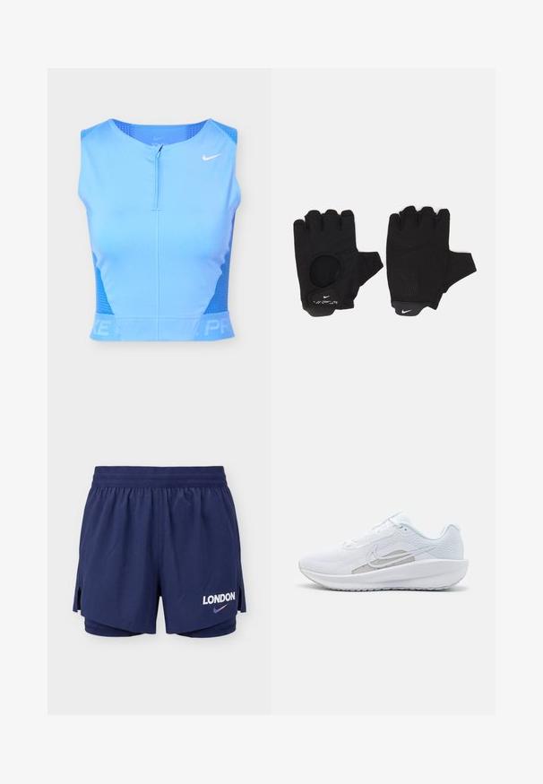 Haut court de sport sans manches bleu clair avec fermeture éclair à l'avant, panneaux latéraux perforés, et logo Nike swoosh blanc sur le côté droit de la poitrine.; Short de course superposé bleu marine avec ceinture élastique, fentes latérales et inscription "LONDON" avec le logo Nike sur la jambe avant droite.; Baskets blanches avec une tige en mesh, bout rond et semelle texturée. Présentent un swoosh Nike argenté et un design minimaliste.; Gants sans doigts noirs avec un design texturé. Fabriqués en matériau respirant, dotés d'un trou pour le pouce et d'une paume renforcée pour une meilleure prise.