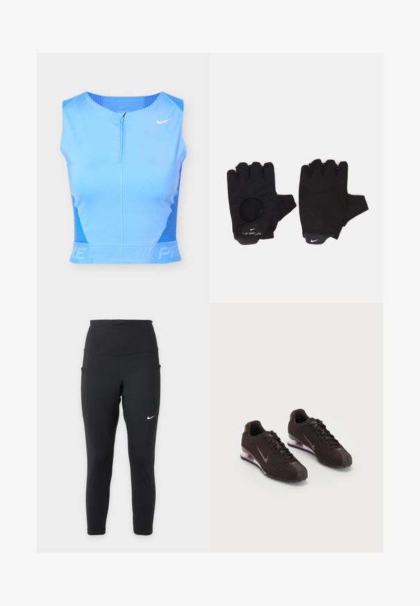 Lyseblå ærmeløs atletisk crop top med frontlynlås, perforerede sidepaneler og hvid Nike swoosh-logo på højre bryst.; Sorte Nike leggings med høj talje med sidelommer og et lille hvidt Nike swoosh på højre lår.; Sorte atletiksko med en tekstureret overdel, brune detaljer og en lilla luftfyldt sål. Snørebåndsdesign med fremtrædende branding.; Sorte fingerløse handsker med et tekstureret design. Lavet af et åndbart materiale, med en tommelfingeråbning og forstærket håndflade for bedre greb.