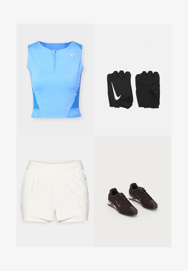 Haut court de sport sans manches bleu clair avec fermeture éclair à l'avant, panneaux latéraux perforés, et logo Nike swoosh blanc sur le côté droit de la poitrine.; Shorts de sport crème avec un design superposé, taille élastique et shorts intégrés ajustés. Présente un petit logo bleu sur le côté.; Baskets de sport noires avec une tige texturée, des accents marron et une semelle à coussin d'air violette. Design à lacets avec une marque bien visible.; Gants de gym sans doigts noirs en tissu respirant, avec un logo blanc Nike, des paumes rembourrées et un design ouvert au niveau du poignet pour plus de flexibilité.