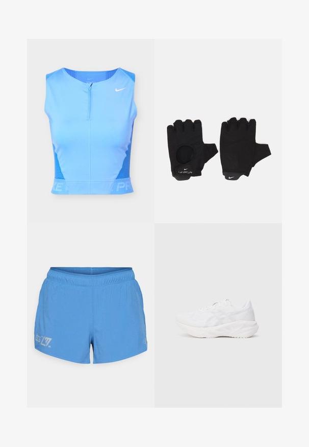 Hele sinine varrukateta sportlik lühike särk ees tõmblukuga, perforatsioonidega külgedel ja valge Nike tähisega paremal rinnal.; Heledad sinine jooksutrikoo, millel on perforeeritud tekstuur, elastne vöökoht ja trükitud logo ning detailid vasakul reiel.; Valge sportlik jalanõud, millel on hingav võrgust pealis ja pehme tallaga, omades tekstuurilist mustrit ja minimalistlikke disaini aktsente.; Mustad sõrmeotsadeta mustad kindad, millel on tekstuuriga disain. Valmistatud hingavast materjalist, millel on suurendatud peopesa haarde tagamiseks ja sõrmeava.