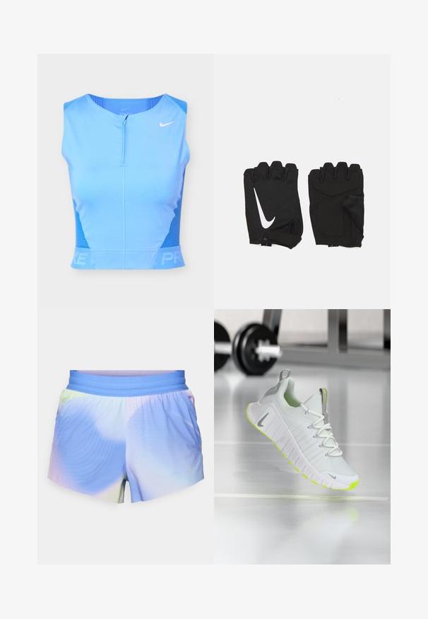 Lyseblå ærmeløs atletisk crop top med frontlynlås, perforerede sidepaneler og hvid Nike swoosh-logo på højre bryst.; Letvægts atletiske shorts i en gradient af blå og pastelfarver. Har en elastisk talje og teksturerede mønsterdetaljer.; Hvide sportssko med en tekstureret mesh-overdel, en tyk sål med neongule accenter og reflekterende grå detaljer på hælen.; Sorte fingerløse træningshandsker lavet af åndbart stof, med et hvidt Nike-logo, polstrede håndflader og et åbent håndledsdesign for fleksibilitet.