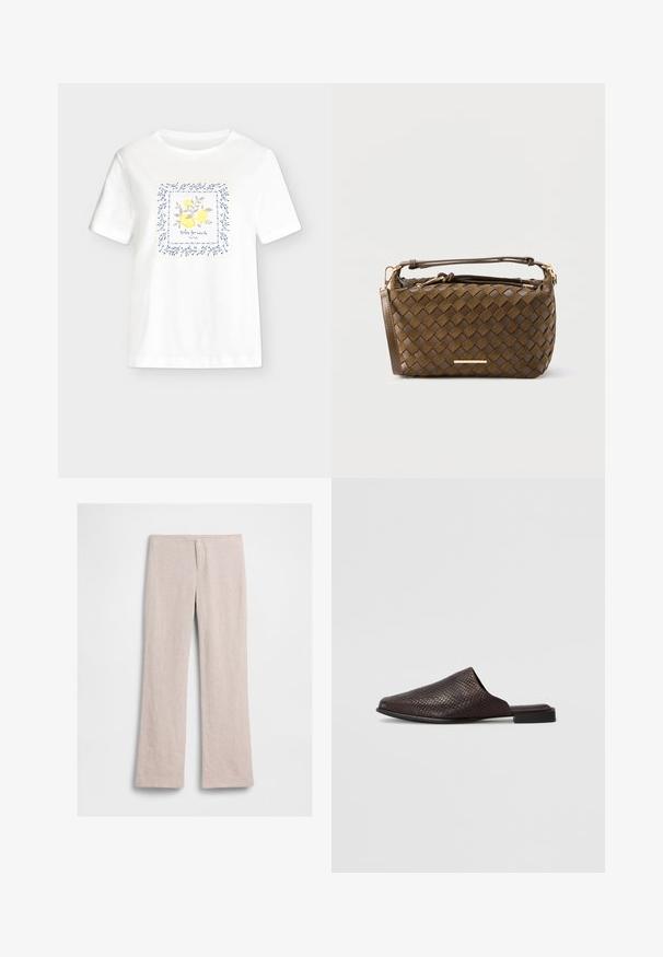 Hvid kortærmet T-shirt med et firkantet citrongrensdesign indrammet af blå bladmønstre og teksten "dolce far niente" i midten.; Beige bukser med vide ben og høj talje, med en synlig syning foran, uden synlige knapper eller lommer, lagt fladt på en hvid baggrund.; Sort slip-on mule lavet af tekstureret materiale med et reptilmønster, der har en lav, flad hæl og et afrundet, åbent tådesign.; Lille rektangulær brun fletlæderhåndtaske med topstrop, aftagelig skulderrem og guldfarvet lynlås og logodetalje.