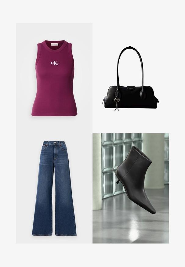 Ribbet, ærmeløs tanktop i mørkelilla med rund hals og hvid "Calvin Klein"-logo på brystet. Blødt stof med en tætsiddende pasform.; Højtaljede, brede bukser lavet af mørkeblå denim, med knaplukning, fem lommer og subtil falming på lårene.; Sort læderankelstøvle med spids tå og lille hæl vist mod en væg af glasblokke og poleret gulv baggrund.; Sort lædertaske fra Calvin Klein med lange håndtag, en forside-logo-tag og en sølv geometrisk vedhæng, der hænger fra det ene håndtag.