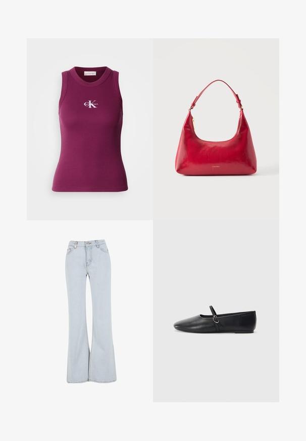 Geribd, mouwloos tanktop in donkerpaars met een ronde hals en een wit "Calvin Klein"-logo op de borst. Zachte stof met een aangesloten pasvorm.; Lichtblauwe flared jeans van denim met een hoge taille, vijf zakken en contrasterende stiksels langs de naden.; Zwarte leren balletschoenen met een spitse neus, platte zool en een kleine strap met een zilveren gespsluiting.; Rode leren schoudertas met gouden rits en verstelbare band, Calvin Klein-logo gecentreerd aan de voorkant.