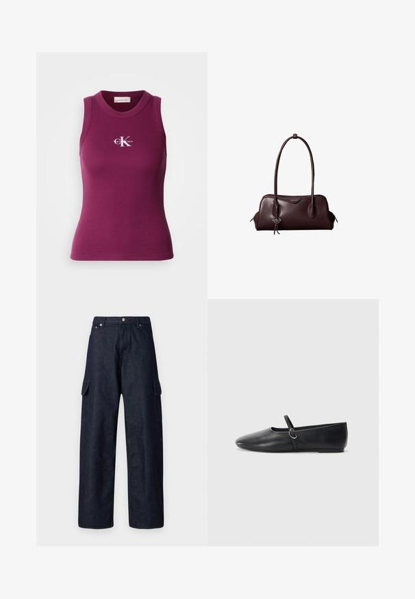 Débardeur moulant côtelé sans manches de couleur violet foncé avec un col rond et le logo blanc "Calvin Klein" sur la poitrine. Tissu doux avec une coupe ajustée.; Pantalons cargo en denim sombre à jambes larges, dotés de deux poches latérales, d'une fermeture à bouton et d'une texture de tissu durable.; Ballerines noires en cuir avec un bout pointu, une semelle plate et une petite sangle avec un détail de boucle en argent.; Sac à main en cuir brun foncé Calvin Klein avec de longues poignées doubles et un petit porte-clé logo suspendu à une poignée.