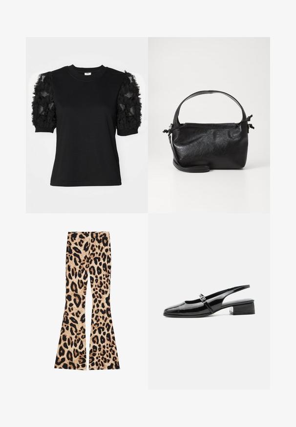 T-shirt noir à manches courtes en tissu de tulle noir froncé, col rond et silhouette ajustée.; Pantalons évasés imprimés léopard avec une texture côtelée, de couleur beige et noire, présentant des motifs de taches variés sur l'ensemble du tissu.; Chaussure slingback en cuir verni noir avec un petit talon bloc et une fine bride avec une boucle argentée sur le dessus.; Sac à main en cuir noir au design structuré, avec une poignée arrondie et une bandoulière amovible. Présente une texture lisse et un éclat subtil.