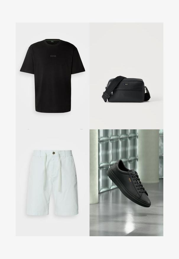 T-shirt en coton noir avec un col rond, des manches courtes et un logo "BOSS" subtil embossé au centre. Design simple et minimaliste.; Shorts en coton vert clair avec une taille élastique et un cordon de serrage. Comprend une fermeture à bouton, des poches latérales et une coupe droite.; Baskets basses en cuir noir avec lacets noirs et logo BOSS doré sur le côté, flottant au-dessus d’un sol gris brillant dans un espace intérieur moderne.; Sac bandoulière en cuir noir texturé avec poche avant zippée et bandoulière large en tissu réglable sur fond blanc.