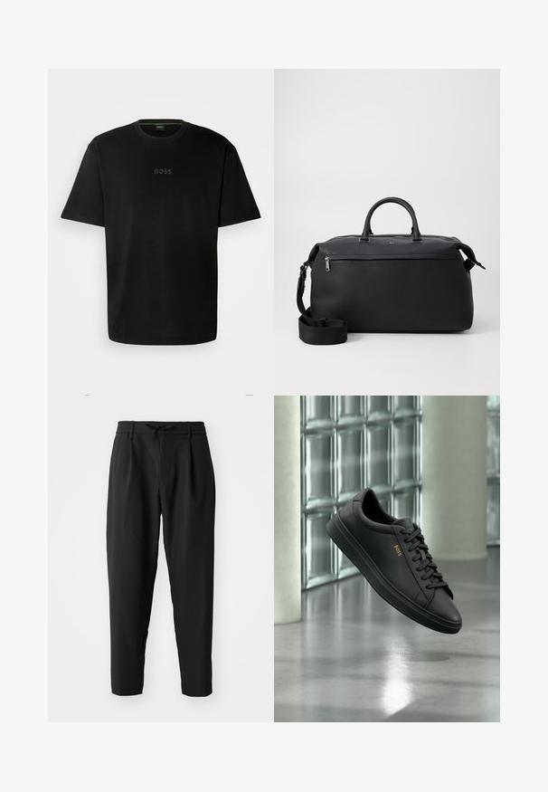 Schwarzes Baumwoll-T-Shirt mit Rundhalsausschnitt, kurzen Ärmeln und dezent eingeprägtem "BOSS"-Logo in der Mitte. Einfaches, minimalistisches Design.; Schwarze, schmal zulaufende Hose mit elastischem Bund und Kordelzug. Glattes, leichtes Material, ausgestattet mit Falten und Seitentaschen.; Schwarzer flacher Ledersneaker mit schwarzen Schnürsenkeln und goldenem BOSS-Logo an der Seite, schwebend über einem glänzenden grauen Boden in einem modernen Innenraum.; Schwarze Leder-Reisetasche mit zwei Oberhandgriffen, einem abnehmbaren Schultergurt und einer Reißverschlusstasche auf der Vorderseite für zusätzlichen Stauraum.