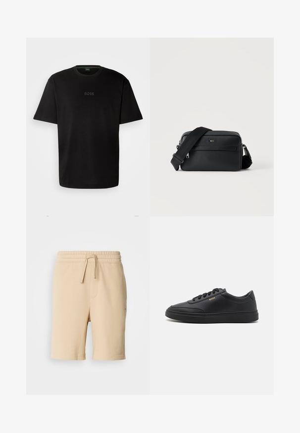 Must musta T-särk, lühikeste varrukatega, ümar kaelus ja diskreetne, keskel reljeefne "BOSS" logo. Lihtne, minimalistlik disain.; Beige puuvilla segakanga lühikesed püksid elastse vöökoha, nöördetaili, küljetasku ja sirge jala lõikega. Sile tekstuur ja lihtne disain.; Mustad nahkspordijalatsid siledast materjalist, ümarate varvastega, tasase kummist tallaga ja tooni sobivate paeltega. Küljes on kuldne "BOSS" bränding.; Mustast tekstuuriga nahast ristkere kott esiküljel lukuga tasku ja reguleeritava laia kangast õlarihmaga valgel taustal.