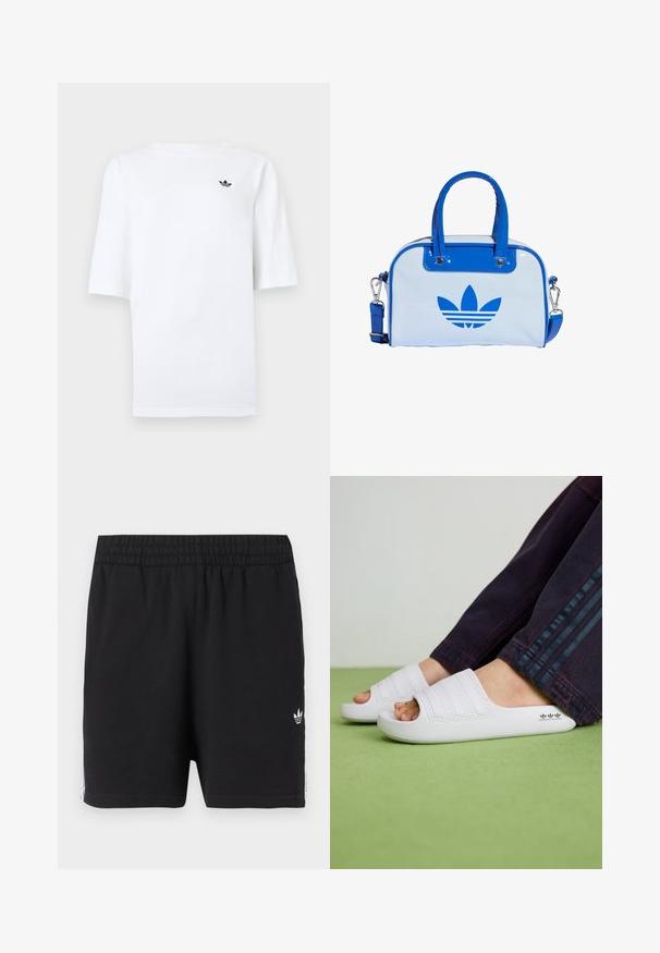 Valge Adidas T-särk lühikeste varrukatega ja väike must kolmeleheline logo vasakul rinnal.; Mustad spordipüksid elastse vöökohaga, vasakul säärel väike valge Adidas kolmelehise lehe logo ning valged triibud mööda külgi.; Valged kummist libisemisjalanõud kolme tekstuuriga horisontaalse triibuga, ümar varvas ja küljele trükitud logo, koos tumedate teksadega.; Sinine ja valge käekott läikiva viimistlusega, millel on kaks sinist sangast, eemaldatav õlarihm ja esiküljel silmapaistev sinine logo.