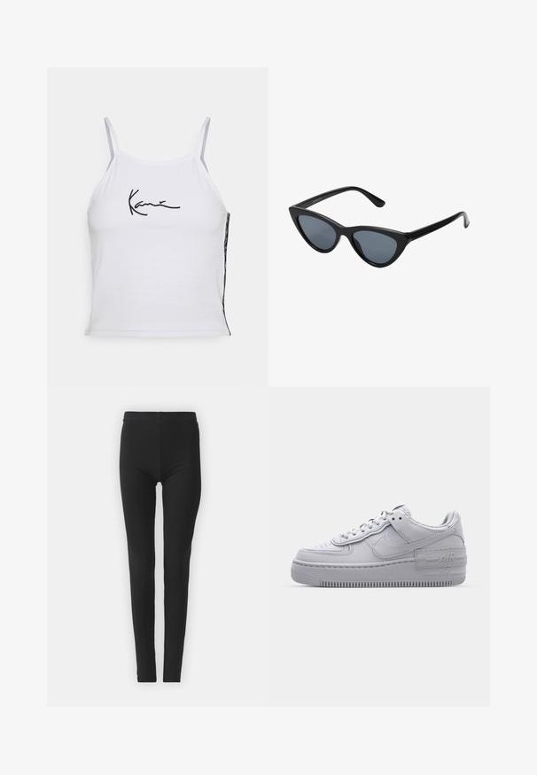 Biely bezrukávový crop top vyrobený z bavlny, s čiernym vyšívaným textom. Bočný panel ukazuje vzorovanú textíliu, pridávajúcu textúru.; Čierne, elastické legíny s tesným strihom, so zvýšeným pásom a hladkým povrchom. Žiadne viditeľné vzory ani hardvérové detaily.; Šedé tenisky Nike Air Force 1 s perforovanou špičkou, hladkým koženým zvrškom, hrubou podrážkou a embosovaným detailom 'AIR' na päte.; Čierne slnečné okuliare v štýle mačacích očí s tmavošedými sklami, elegantným plastovým rámom, špicatými rohmi a rovnými stranami. Bez viditeľného hardvéru alebo akcentov.