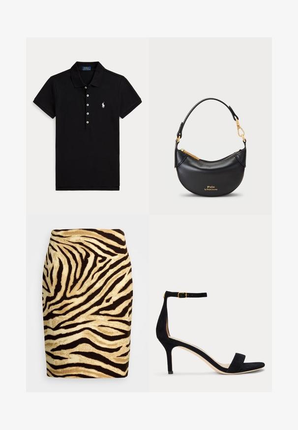 Must lühikeste varrukatega polosärk valgete nuppude, krae ja valge tikitud Polo Ralph Laureni logoga vasakul rinnal.; Zebra-prindiga seelik, millel on tekstuuriga pind ja vahelduvad pruunid ja tan värvid. Lähedalt sobiv disain ulatub üle põlve.; Mustast seemisest kõrge kontsaga sandaal kitsaste pahkluu rihma ja kuldse pandlaga, avatud varbaga ja mõõduka kontsaga tavalise valge taustaga.; Must have nahkakott kaareva siluetiga, metallist lukuga ja lühikese käepidemega. Omab kuldseid metallosi ja esiosas on reljeefne logo.