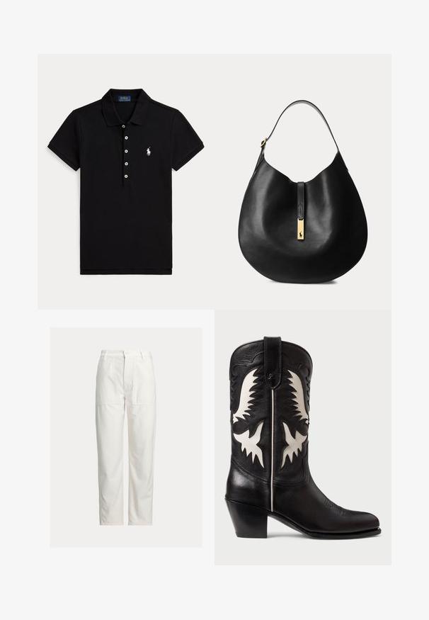 Schwarzes Poloshirt mit kurzen Ärmeln, weißen Knöpfen, einem Kragen und einem weiß bestickten Polo Ralph Lauren Logo auf der linken Brust.; Weiße Hose mit geradem Bein, großen aufgesetzten Taschen vorne, Gürtelschlaufen und Knopfverschluss in der Taille.; Schwarze Ledercowboystiefel mit weißen eckigen Akzenten, dekorativer Stickerei, einer spitzen Zehe und einem niedrigen, gestapelten Absatz.; Schwarze Leder-Hobo-Tasche mit einem einzelnen Schulterriemen und einem goldenen rechteckigen Verschluss mit kleinem Logo.