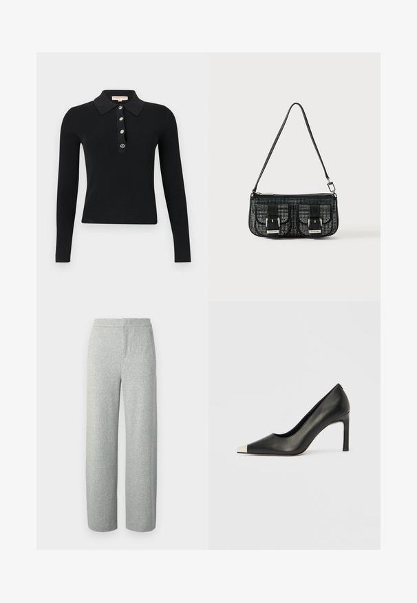 Polo noir à manches longues côtelé avec cinq boutons sur le devant et un col plié, présenté sur un fond blanc.; Pantalon tissé gris clair avec une texture chinée subtile, présentant une coupe large et une ceinture plate, sans éléments métalliques visibles ni poches.; Chaussure à talon haut en cuir noir avec bout pointu et capuchon argenté métallique. Présente une finition lisse et un talon fin de 10 cm.; Sac à main noir structuré avec un design perforé, comprenant deux poches avant avec boucles, des accessoires en argent et une bandoulière amovible.