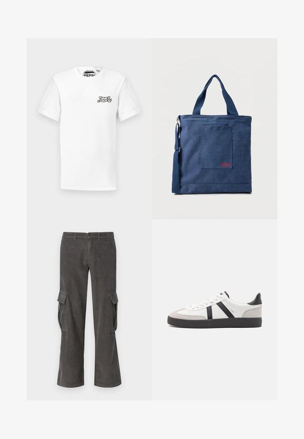Hvid kortærmet T-shirt med rund halsudskæring og lille sort "Pepsi-Cola" logo på venstre bryst samt mærketag i nakken.; Grå corduroy cargo bukser med lige ben design, sidelommer og en subtil bølget tekstur. Knap- og lynlås-lukning i taljen.; Hvide sneakers med sorte og grå detaljer, med en tekstureret grå tåhætte, sort gummisål og flade hvide snørebånd. Rent design, minimalistisk stil.; Blå lærredstote taske med frontlomme og rød "O.N.S" broderi, med to håndtag og en justerbar skulderrem.