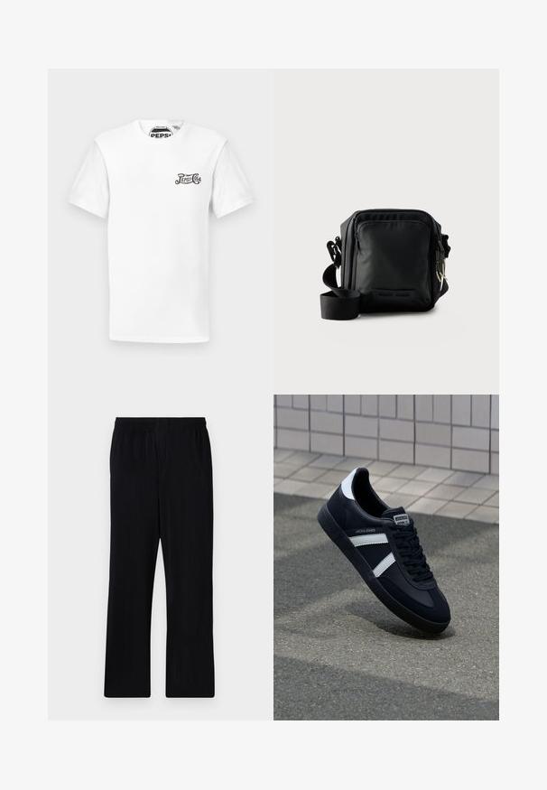 T-shirt blanc à manches courtes avec col rond et petit logo noir "Pepsi-Cola" sur la poitrine gauche et étiquette de marque dans le cou.; Pantalons noirs plissés avec une taille élastique, design à jambes droites et tissu texturé. Pas de poches ou accents visibles.; Sneaker en cuir noir avec des rayures blanches, semelle en caoutchouc texturée et devant à lacets. Présente une étiquette de marque sur la languette.; Petit sac bandoulière noir compact avec poche zippée à l'avant, bandoulière réglable et tissu texturé sur fond uni.