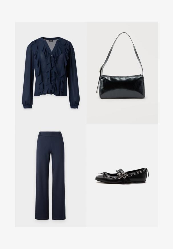 Blusa azul marino de manga larga con cierre frontal de botones y detalles de volantes superpuestos a lo largo del escote y el frente.; Pantalones de pierna ancha en azul marino, fabricados con un material suave y elástico. Cuentan con una cinturilla plana y una textura suave; sin patrones visibles ni herrajes.; Zapato de ballet plano negro con correas de doble hebilla, ojales plateados y un pequeño lazo cerca de la puntera redondeada sobre un fondo blanco.; Bolso de hombro rectangular negro con una correa ajustable y un cierre de cremallera superior sobre un fondo liso.