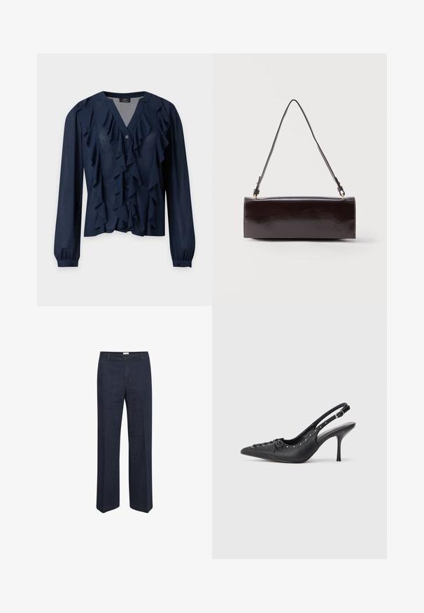 Marineblauwe blouse met lange mouwen, knoopsluiting aan de voorkant en gelaagde ruches langs de halslijn en voorkant.; Donkerblauwe, wijde jeans met een klassieke tailleband en voorzakken, ontworpen voor een comfortabele pasvorm en veelzijdige stijl.; Zwarte leren slingback stiletto met spitse neus, zijgesp met gesp, studs langs de rand en decoratieve veters aan de voorkant.; Rechthoekige zwarte leren handtas met een enkele lange schouderband en een glanzende afwerking, weergegeven tegen een effen witte achtergrond.