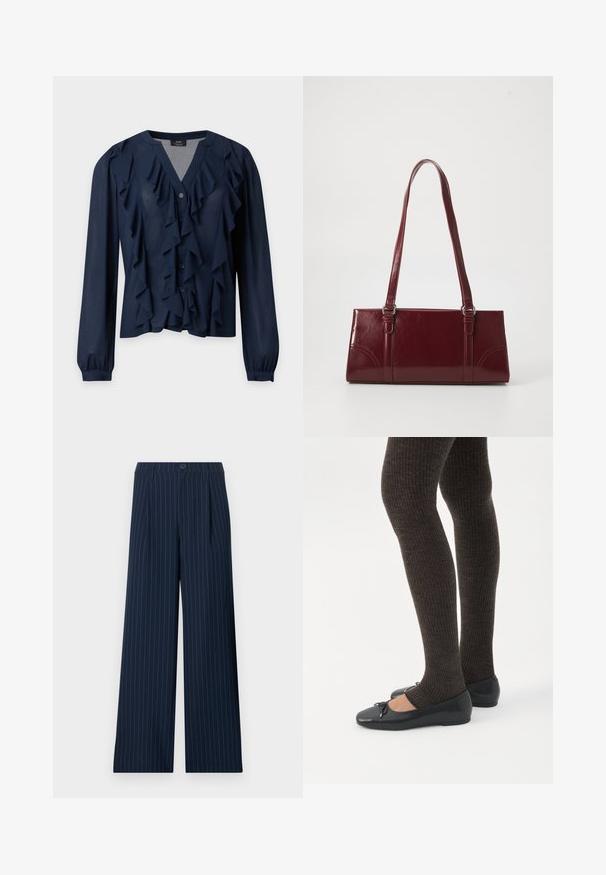 Blouse bleu marine à manches longues avec fermeture boutonnée sur le devant et détails à volants superposés le long de l'encolure et de l'avant.; Pantalon large à rayures fines bleu marine avec passants pour ceinture, bouton avant et plis, présenté à plat sur fond blanc.; Jambes portant des leggings côtelés foncés associés à des ballerines noires avec de petits détails en nœud sur fond blanc.; Sac à main bordeaux en matériau brillant, de forme rectangulaire, avec deux anses et des accents légèrement courbés à l'avant.