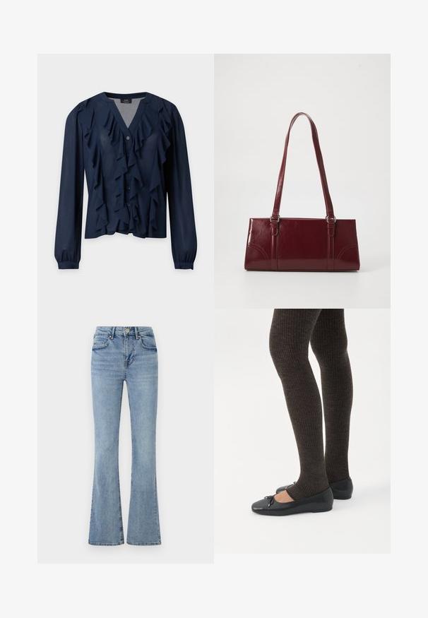 Marineblauwe blouse met lange mouwen, knoopsluiting aan de voorkant en gelaagde ruches langs de halslijn en voorkant.; Lichtblauwe denim jeans met een hoge taille, een knoop- en ritsluiting aan de voorkant, vijf zakken en licht uitlopende pijpen.; Benen met donkere geribbelde leggings gecombineerd met zwarte ballerina's met kleine strikdetails op een witte achtergrond.; Bourgondische handtas van glanzend materiaal, rechthoekige vorm, met twee schouderbanden en subtiele gebogen accenten aan de voorkant.