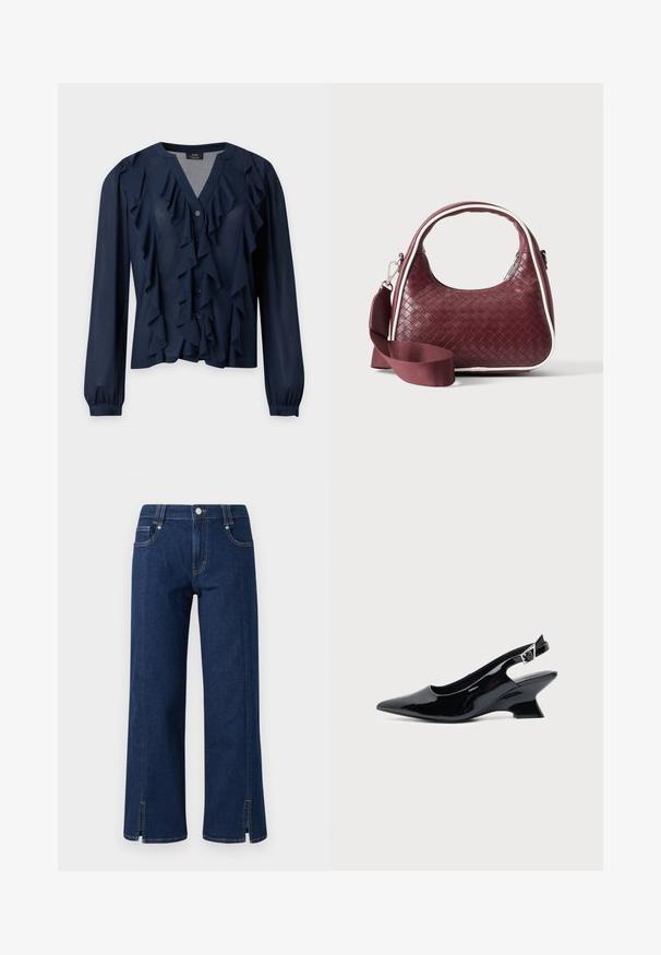 Marineblaue Bluse mit langen Ärmeln, Vorderknopfleiste und mehrlagigen Rüschen entlang des Halsausschnitts und der Vorderseite.; Dunkelblaue Denim-Jeans mit weitem Bein und hoher Taille, mit seitlichen Taschen, einem Frontknopfverschluss und Schlitzsäumen für zusätzliche Details.; Schwarzer Slingback-Schuh aus Lackleder mit spitzer Spitze und niedrigem, schrägem Blockabsatz auf einfachem hellem Hintergrund.; Dunkelrote gewebte Ledertasche mit gebogenem Griff, weißem Besatz, silbernem Reißverschluss und abnehmbarem breitem Stoff-Schulterriemen vor einfarbigem Hintergrund.