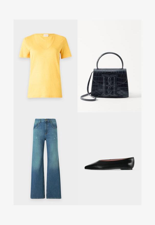 Gul kortærmet V-hals t-shirt lavet af et let, let struktureret stof. Har en afslappet pasform og en syet kant.; Bredde bukser i blå denim med en lysvask gradient, med fem-lomme design, lynlås i taljen og detaljer med messingknap ved taljen.; Sort damesko i læder med flad hæl og spids tå, vist fra siden på en ensfarvet lys grå baggrund.; Sort krokodillede læderhandbag med en struktureret design, top-håndtag, justerbar rem og et fremtrædende frontlogo.