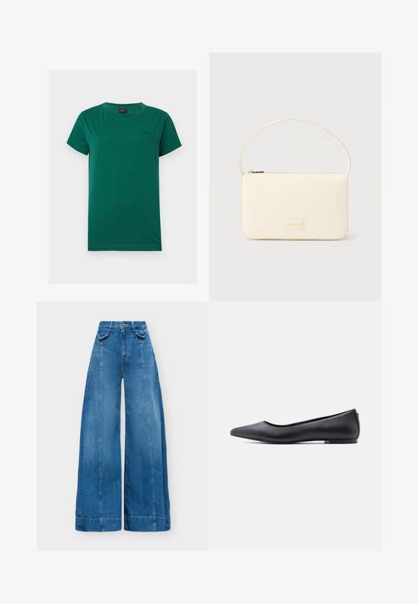 T-shirt vert manches courtes col rond avec petit logo "BOSS" embossé sur la poitrine gauche et une étiquette noire à l'intérieur du col.; Pantalon en jean bleu à jambes larges, taille haute, bouton à l'avant, fermeture éclair et petites poches à rabat de chaque côté de la ceinture.; Chaussure plate en cuir noire à bout pointu avec petit talon, vue de profil sur fond blanc.; Sac à main rectangulaire de couleur crème avec une seule sangle et une fermeture éclair sur le dessus, comportant une petite plaque de logo embossé à l'avant.