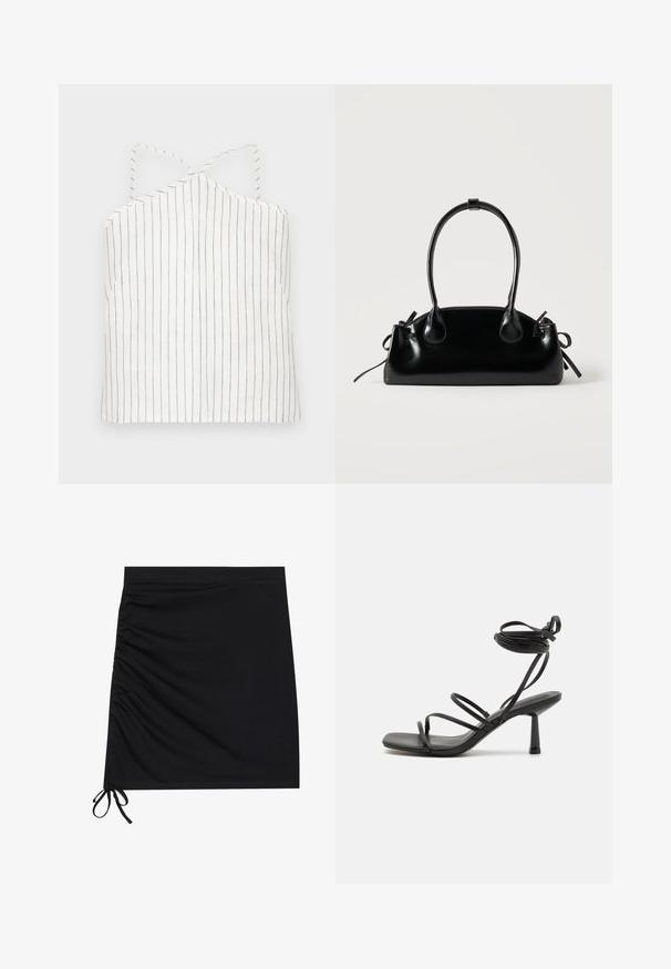 Top de tirantes blanco con delgadas rayas verticales negras. Cuenta con un cuello halter con tirantes entrelazados y un dobladillo recto. Textura ligera y suave.; Mini falda negra hecha de una tela suave, con frunces laterales y lazos en el dobladillo. Textura suave con una silueta ajustada.; Sandalia negra de tiras con punta cuadrada, lazos ajustables en el tobillo y un tacón bloque delgado. Fabricada con un material suave y duradero.; Pequeño bolso negro brillante con dos asas largas y detalles de cordón lateral sobre un fondo claro liso.