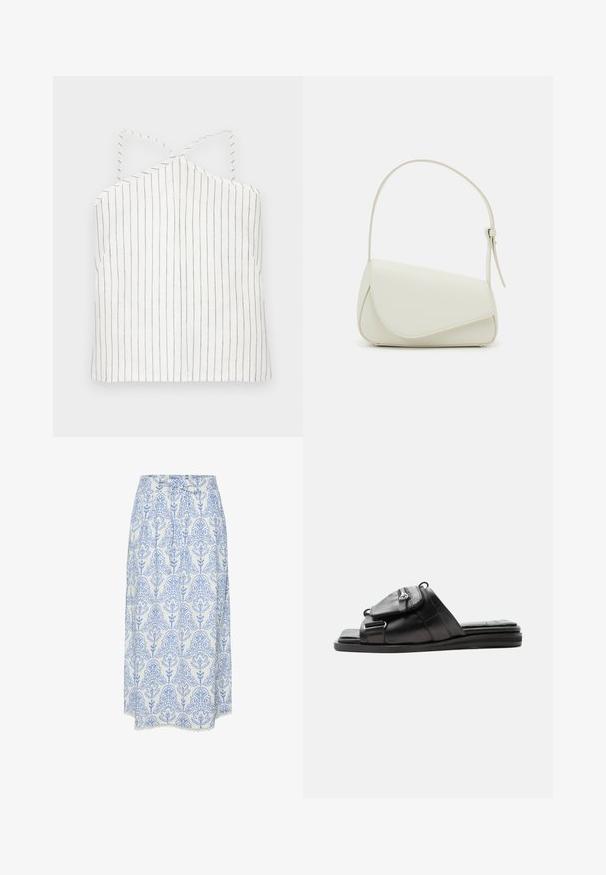 Top de tirantes blanco con delgadas rayas verticales negras. Cuenta con un cuello halter con tirantes entrelazados y un dobladillo recto. Textura ligera y suave.; Falda blanca con patrón floral azul, con pliegues y un borde de encaje en el dobladillo. Fabricada con tela ligera, con una cintura ajustable.; Sandalia tipo slide de cuero negro con suela acolchada y detalle de bolsillo con cremallera en la parte delantera de la correa.; Bolso de mano de imitación cuero blanco con una forma triangular estructurada, correa ajustable única y cierre con solapa acentuada en curva.
