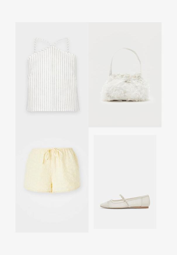 Hvid cami-top med tynde sorte lodrette striber. Har en halterneck med krydsede stropper og en lige kant. Letvægts, glat tekstur.; Gule bomulds shorts med elastisk talje og snor. Har broderede blomster mønstre og en scallop kantdetalje.; Off-white flad sko med spids tå, perlebesat rem og lav træhæl, sidevisning på lys baggrund.; Lille hvid håndtaske med stofroser, der dækker kroppen, og et tyndt enkelt skulderremshåndtag på en ensfarvet baggrund.