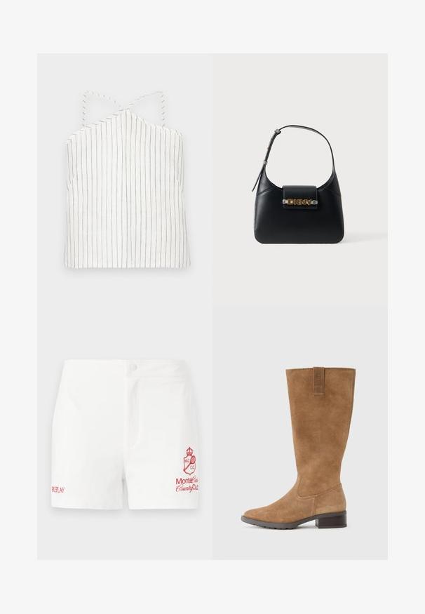 Top de tirantes blanco con delgadas rayas verticales negras. Cuenta con un cuello halter con tirantes entrelazados y un dobladillo recto. Textura ligera y suave.; Pantalones cortos de algodón blancos con cierre de botón en la parte frontal, bolsillos laterales y logotipo bordado en rojo del Monte Carlo Country Club junto con el nombre de la marca.; Bota alta hasta la rodilla de ante marrón con tacón ancho, diseño de punta redonda y una lengüeta en la parte superior para facilitar el calzado. Acabado de material texturizado.; Bolso de hombro de cuero negro con correa ajustable y logotipo dorado de DKNY en la solapa frontal sobre un fondo blanco.