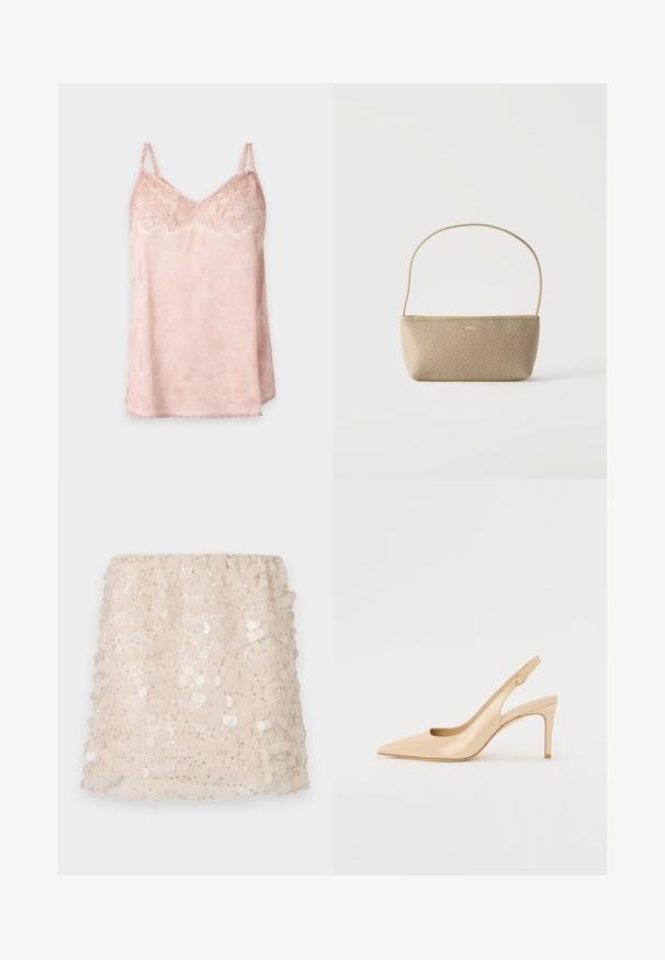 Lyserød satin camisole med blomsterblonde-detaljer på brystet og tynde justerbare skulderstropper, vist på en ensfarvet baggrund.; Beige paillet mini nederdel med lagdelt design, der har cirkulære pailletter og en blød elastisk talje for komfort og pasform.; Nude patenteret læder slingback hæl med spidse tæer, åben vamp og en tynd stiletto hæl. Har et cirkulært guldfarvet element på remmen.; Beige flettet håndtaske med tynd skulderrem og lille guld "BOSS" logo foran, vist mod en ensfarvet hvid baggrund.