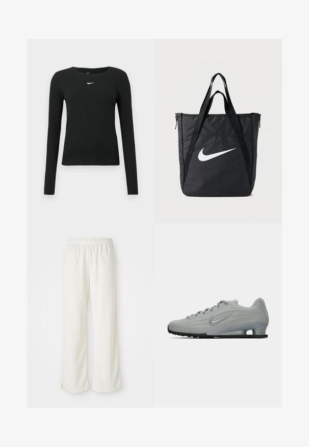 Sort, langærmet tætsiddende top lavet af ribbet stof, med rund halsudskæring og et diskret hvidt Nike-logo på brystet.; Cremefarvede bukser med bred ben-design, lavet af letvægtsmateriale, med lodrette striber og en elastisk talje.; Sidelæns udsigt af en lysegrå Nike sneaker med snørebånd, et swoosh-logo og en gennemsigtig sål med komfortabel dæmpning på en ensfarvet baggrund.; Sort nylon shopper med to skulderstropper, med en stor hvid Nike-logo, lynlås og et strømlinet rektangulært design.